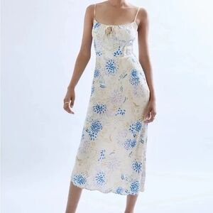 Aritzia Cream Midi Slip Dress with Blue Floral Print